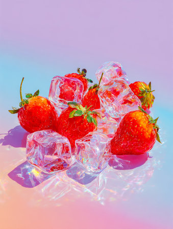 Vibrant strawberries paired with translucent ice cubes create a refreshing, lively scene set against a soft pastel-hued backdrop.の写真素材