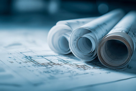 Precision-engineered sketches and layered layouts illuminated gently, highlighting innovative ideas and meticulous planning for urban development and structural creativityの写真素材