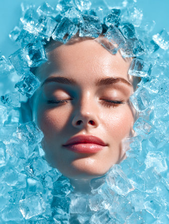 A peaceful scene showing delicate ice formations gradually thawing, evoking a sense of calming freshness and natural serenity amid fleeting winter warmth.のeditorial素材