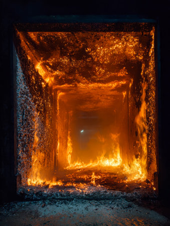 A fierce, blazing inferno erupts inside a restrictive metal enclosure, illuminating with shimmering...