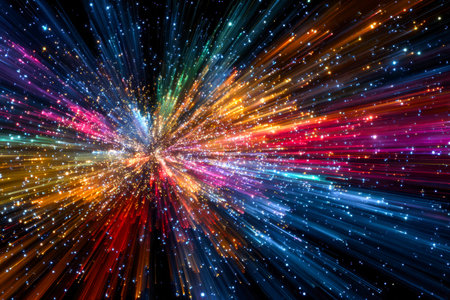 A dazzling burst of energetic hues radiates outward, with swift streaks and shimmering flashes creating a mesmerizing spectacle of color and motion.の写真素材