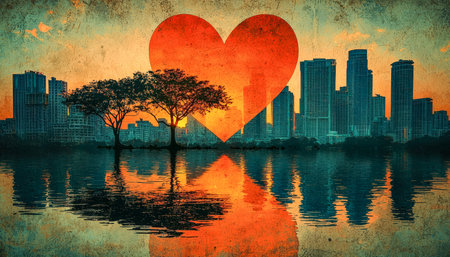 A serene riverside scene bathed in warm sunset hues, where the shimmering water mirrors a glowing heart shape, evoking love and tranquility.の写真素材