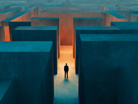 A solitary figure gazes into a labyrinth of soaring gray walls, embodying contemplation and the...