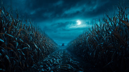 Under a glowing moon, a lone tent stands along a narrow cornfield trail, evoking serenity and...