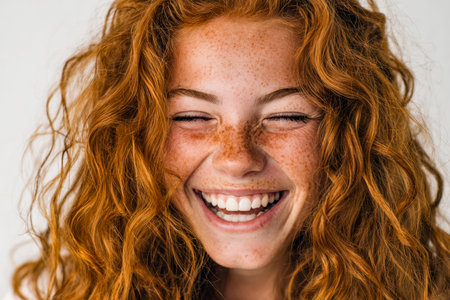 A vibrant, cheerful woman with fiery curls and scattered freckles radiates happiness with a radiant smile, capturing a moment of pure joy and confidence.のeditorial素材