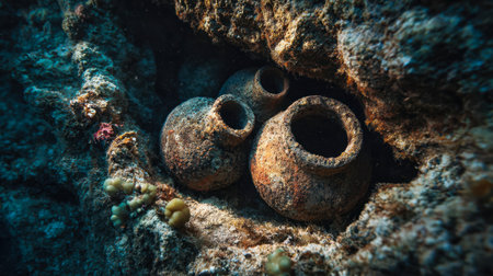Timeworn pottery rests silently beneath shadowy waters, their fragile forms cloaked in sediment, revealing centuries of hidden history within a mystical cave setting.の写真素材
