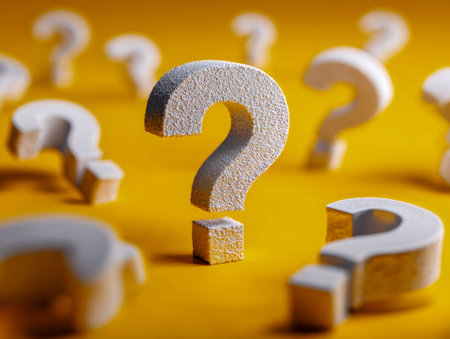 Bold 3d question marks with textured surfaces cluster dynamically against a lively yellow backdrop,...
