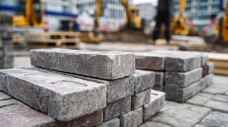 Carefully arranged stone tiles await installation amid construction activity, set against a bustling...
