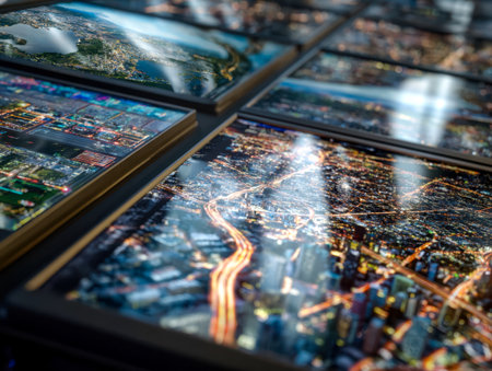 Illuminated screens vividly depict bustling urban skylines and glowing nocturnal scenes, creating a captivating blend of modern technology and vibrant city energy.のeditorial素材