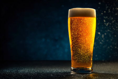 A luminous, amber-hued beverage with effervescent bubbles rising through its crisp surface, topped...