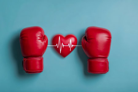 Vibrant red gloves outline a heart-shaped symbol with an ecg pattern on a calming blue backdrop, emphasizing strength, heart health, and the benefits of boxing fitness.の写真素材