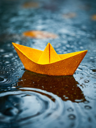 A bright yellow paper vessel drifts gently atop a rain-streaked surface, its vivid hue contrasting...