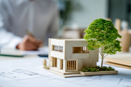 A detailed miniature of a contemporary residence rests atop blueprints with lush greenery, while a...