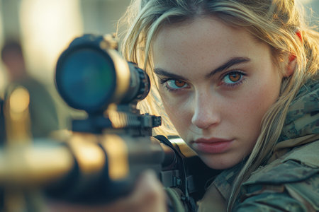 A determined young woman in military attire concentrates intently, peering through a rifle scope amidst a rugged outdoor setting, embodying focus andのeditorial素材
