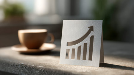 A minimalistic workspace scene featuring a printed chart indicating upward movement, set against a...