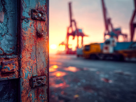 A weathered metal frame illuminated by the warm glow of dusk, with towering cranes silhouetted...