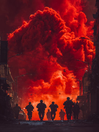 United soldiers push forward amid chaos, as a massive blast sends a towering cloud of smoke and debris into a war-torn cityscape behind them.のeditorial素材
