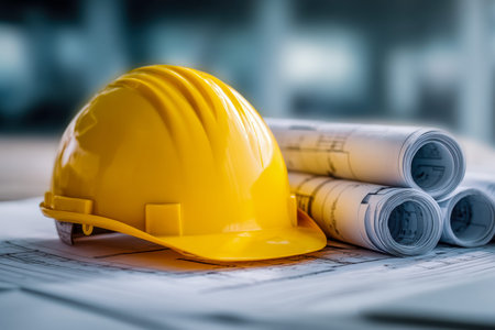 A bright yellow safety helmet gently placed on detailed blueprints, with crisp rolled plans in the...