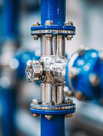 A close-up of a complex pipeline system featuring polished metal connectors and vibrant blue-painted...