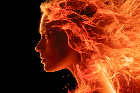 A striking digital portrait blending a woman's silhouette with dynamic, luminous flames, evoking...