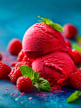 A colorful scoop of raspberry sorbet adorned with ripe berries and fragrant mint leaves, set against...