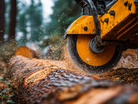 A chainsaw cuts into a large trunk surrounded by dense greenery, showcasing the process of timber...