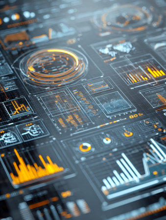 A cutting-edge digital workspace featuring live-updating visualizations, immersive holograms, and...