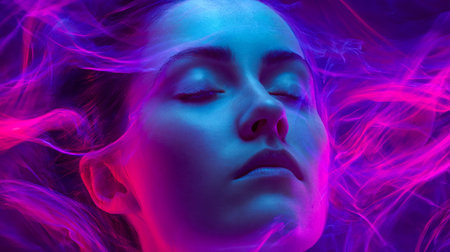 A dreamy, otherworldly female figure bathed in luminous purple and blue tones, her flowing hair...