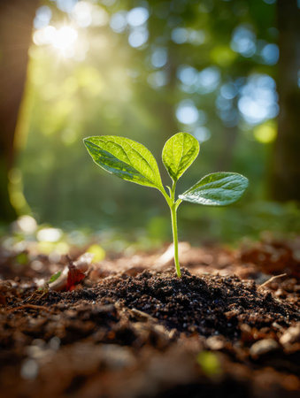 A vibrant sapling emerges from fertile earth beneath dappled sunlight, embodying vitality, renewal,...