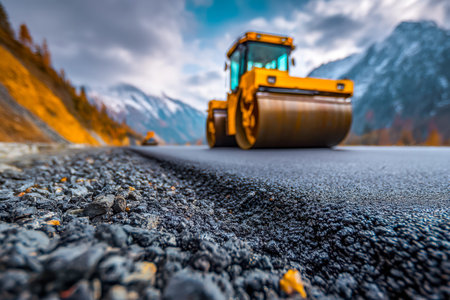 A rugged mountain vista frames a busy roadwork scene, where a steamroller flattens fresh asphalt,...