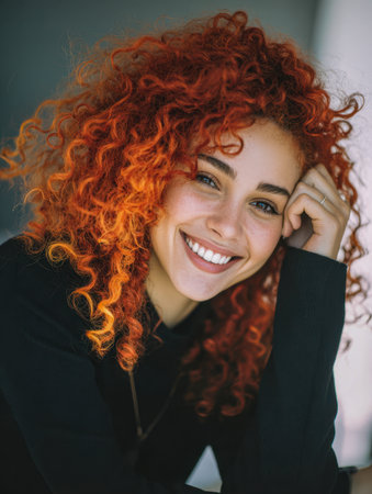 A radiant young woman with lively, curly crimson hair beams with genuine happiness, her confident presence shining through in a softly blurred backdrop.のeditorial素材
