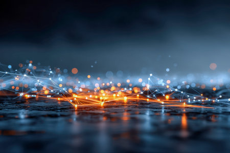 A vibrant web of luminous nodes and threads shimmering against a dark night backdrop, illustrating...