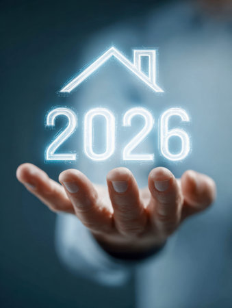 A sleek digital rendering showcases a glowing 2026 above a transparent house silhouette, gently...