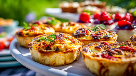 Warm, flaky mini quiches topped with fresh herbs rest elegantly on a platter, perfect for brunch...