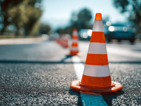 A vibrant orange cone anchors the scene on rough asphalt, while a row of similar markers recedes...