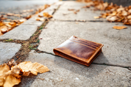 A weathered leather wallet lies unnoticed among crisp, amber leaves scattered across a quiet autumn...
