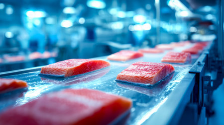 Vibrant pink salmon cuts glide along a sleek conveyor belt, capturing the precision of seafood...