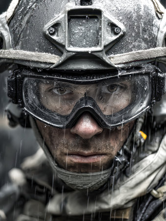A fierce officer's determined gaze cuts through the downpour, clad in rugged equipment and sealed eyewear, embodied resilience amid stormy conditions.の写真素材