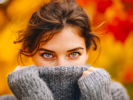 A captivating young woman with mesmerizing blue eyes softly gazes over a plush gray sweater, surrounded by a burst of colorful fall leaves that evoke warmth and serenity.のeditorial素材