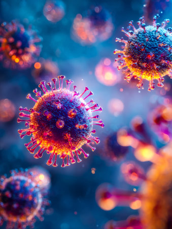 An intricate close-up of swirling virus particles in luminous blue and violet shades, highlighting...