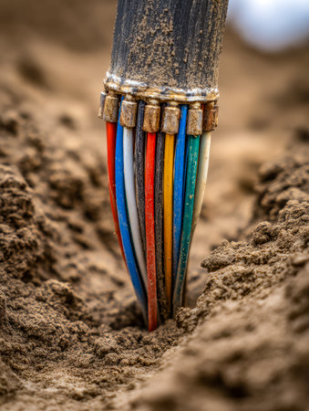 Vibrant, tangled cables burst from the earth amid a quiet countryside, evoking contrast between...