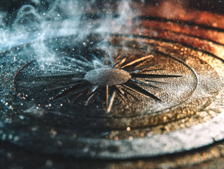 A detailed shot of a shiny metal navigational device emitting swirling steam and crackling sparks,...