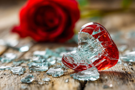 Cracked crystal heart contrasts with a vibrant red bloom, evoking themes of fragility and passionate...