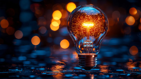 A glowing filament inside a transparent bulb mirrors shimmering digital data patterns against a...