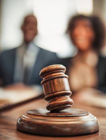 Two legal experts engage in a discussion beside a prominent wooden hammer, embodying professionalism...