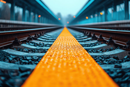 A vivid yellow safety strip stretches along sleek railway rails in a contemporary station,...