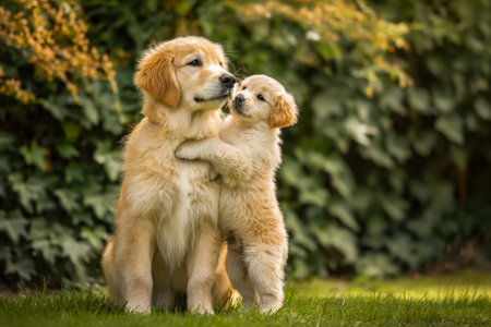 Two fluffy golden retriever pups cozy together on lush grass, radiating warmth and innocence amidst...