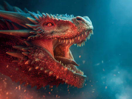 An intense crimson creature snarls, displaying gleaming fangs and iridescent scales, unleashing a...