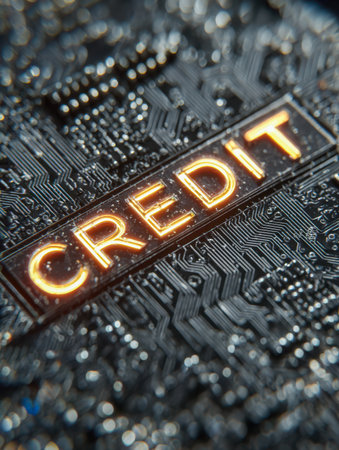A high-tech electronic board featuring glowing pathways and a prominent lit "credit" indicator, symbolizing innovation in digital finance solutions.の写真素材