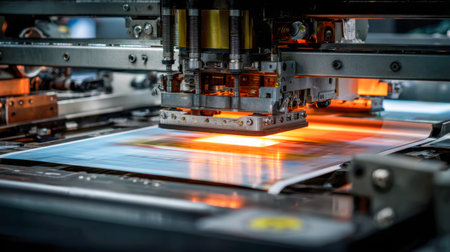 A sophisticated industrial printer explodes with vivid hues and fine craftsmanship, casting a warm...